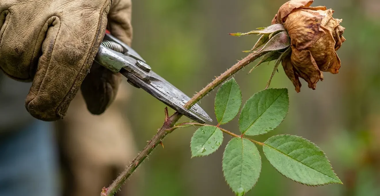 Manos con tijeras de podar cortando una rosa marchita en el ángulo correcto sobre hojas verdes