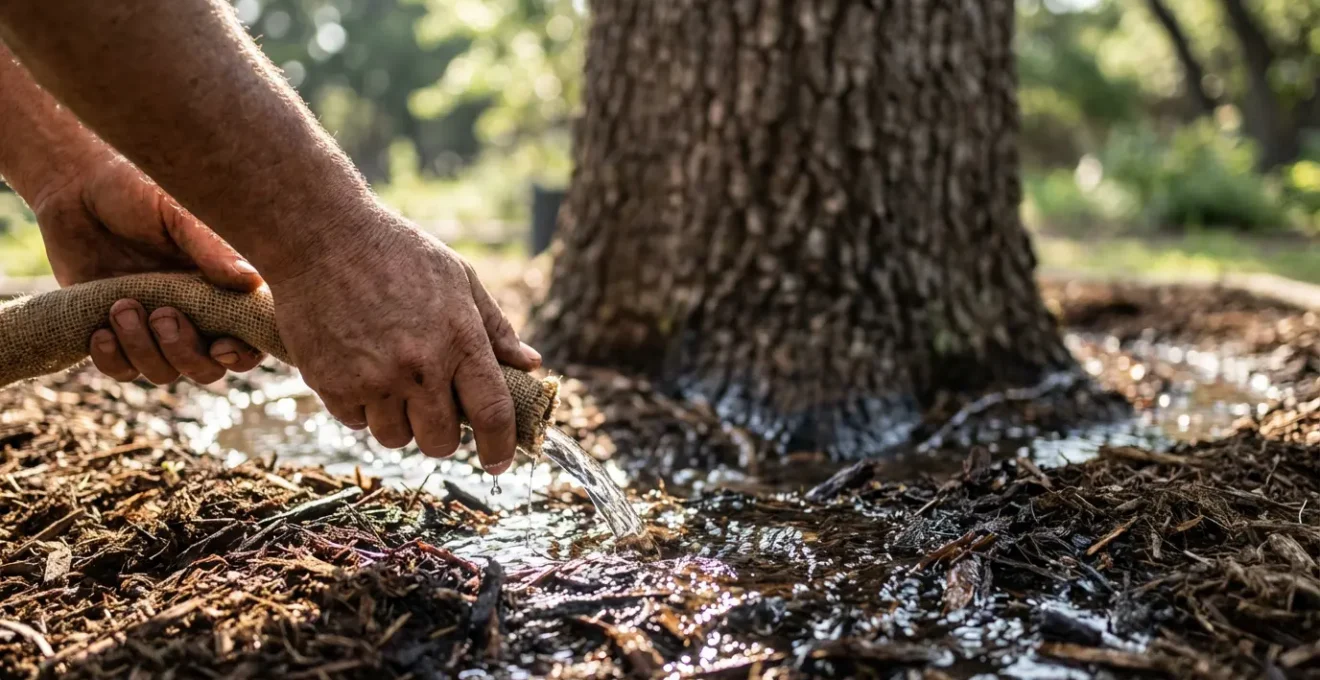 Técnica de riego profundo con alcorque de goteo alrededor de árbol maduro
