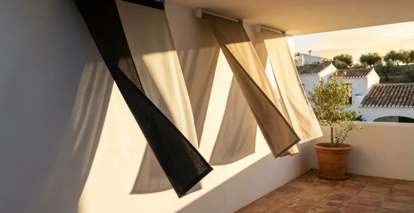 Comparación de diferentes tejidos de toldo bajo luz solar mostrando capacidad de filtrado UV
