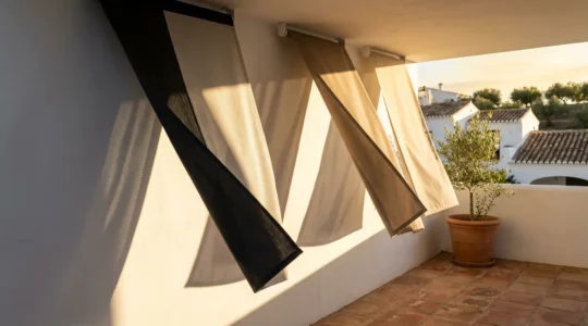 Comparación de diferentes tejidos de toldo bajo luz solar mostrando capacidad de filtrado UV