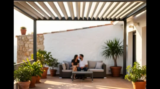 Terraza mediterránea con pérgola bioclimática de lamas orientables filtrando luz