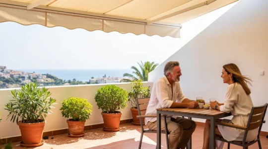 Terraza mediterránea con toldo dos aguas desplegado protegiendo zona de comedor exterior
