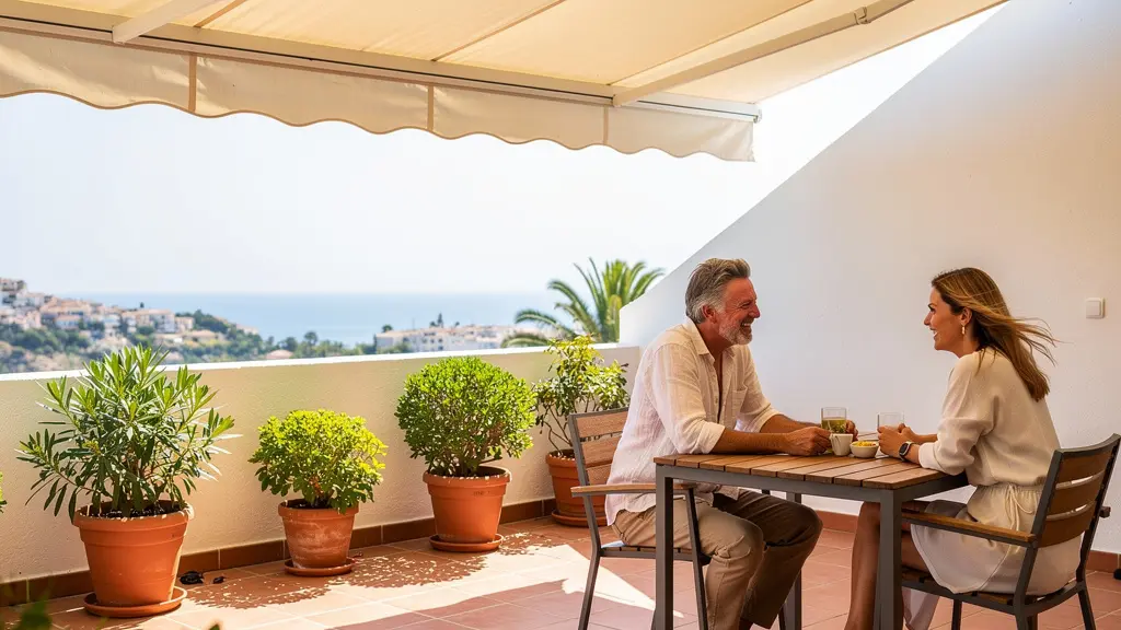 Terraza mediterránea con toldo dos aguas desplegado protegiendo zona de comedor exterior