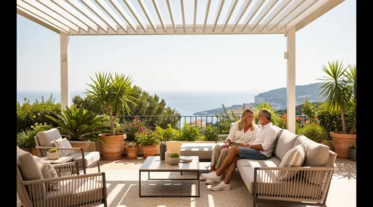Pareja disfrutando terraza moderna bajo pérgola bioclimática aluminio