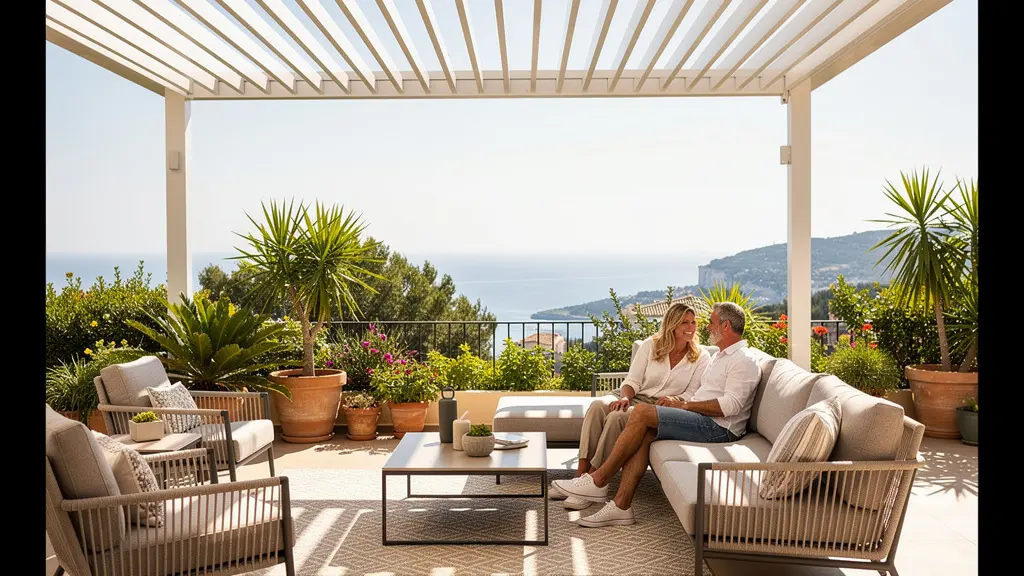 Pareja disfrutando terraza moderna bajo pérgola bioclimática aluminio