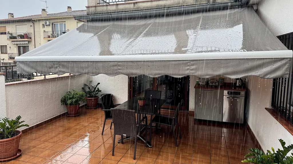 Toldo dos aguas evacuando agua de lluvia hacia los laterales durante tormenta