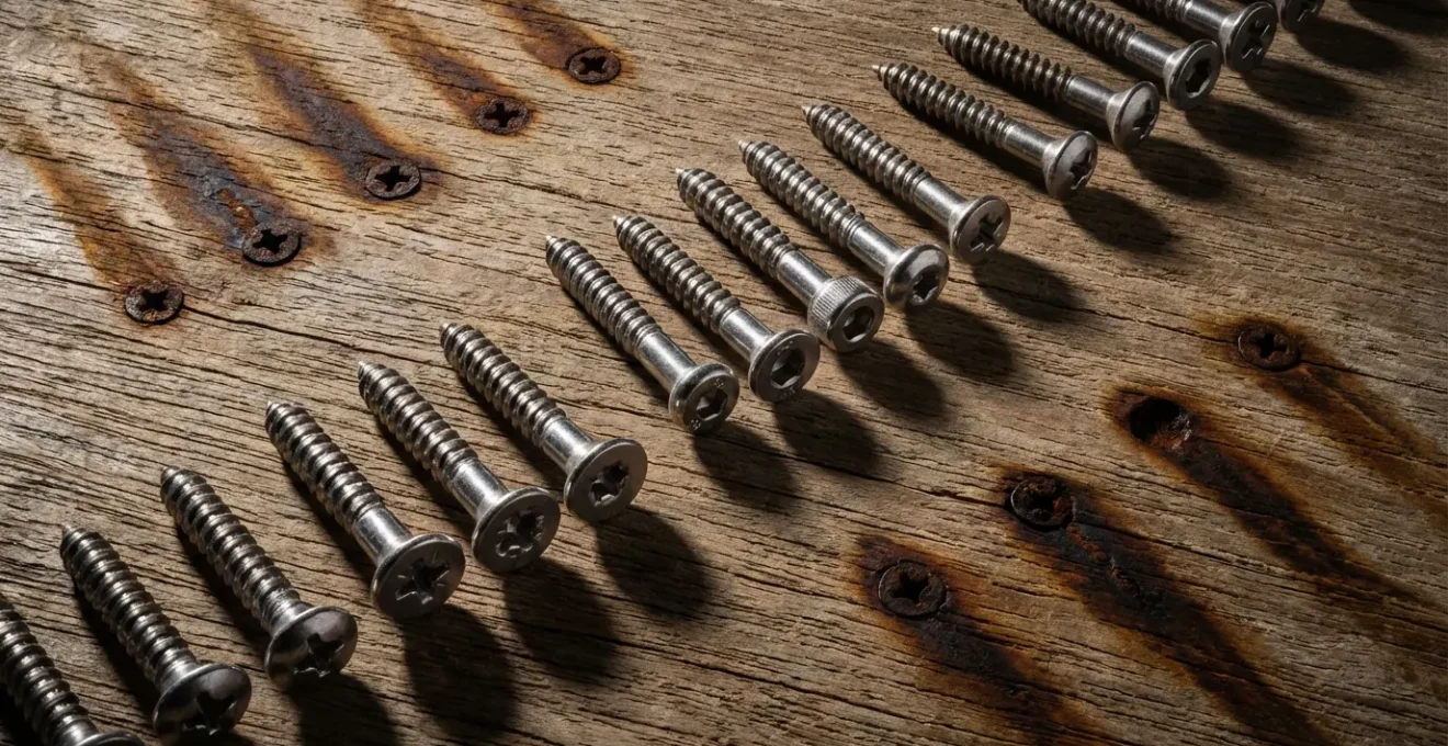 Tornillos de acero inoxidable A4 marino con diferentes tipos de cabeza sobre superficie de madera