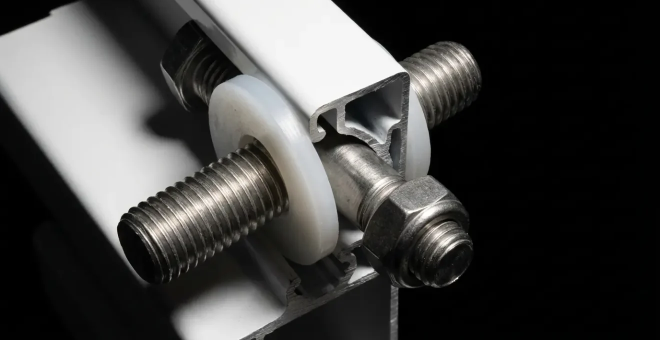 Detalle de unión correcta entre aluminio y tornillo con arandela aislante