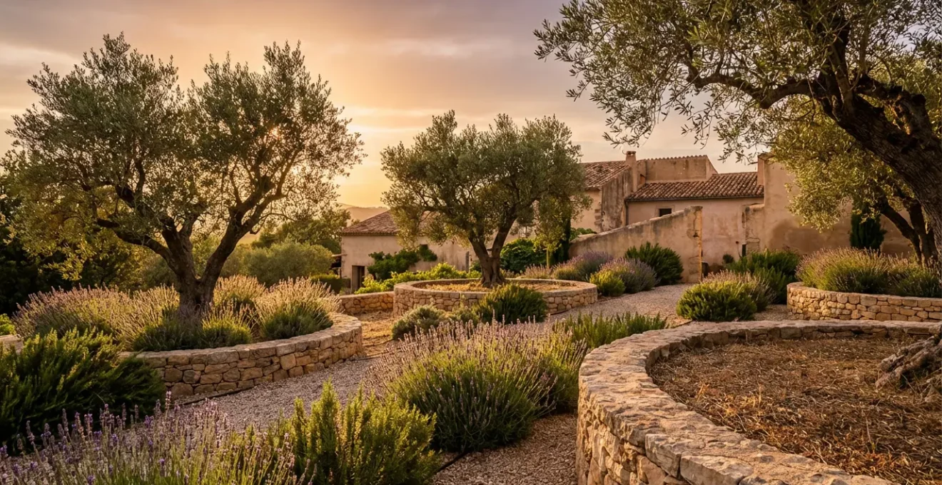 Vista panorámica de un jardín mediterráneo con lavanda, romero y olivos, mostrando diseño sostenible con zonas de grava decorativa