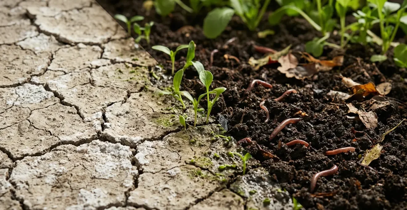 Comparación visual de jardín con tratamiento químico versus jardín ecológico regenerado