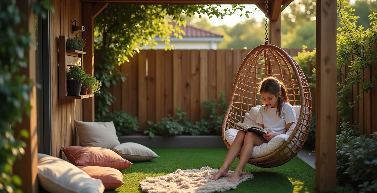 Espacio de jardín mostrando estructura de madera reutilizada de antiguos columpios, ahora con hamaca colgante, estantería de libros integrada y plantas trepadoras creando sombra natural