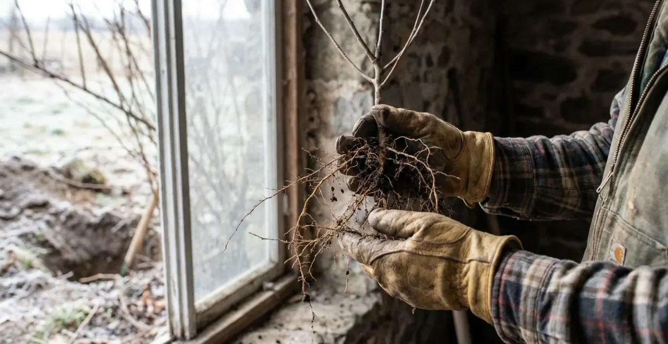 Árbol joven siendo trasplantado con raíz desnuda durante el periodo de dormancia invernal