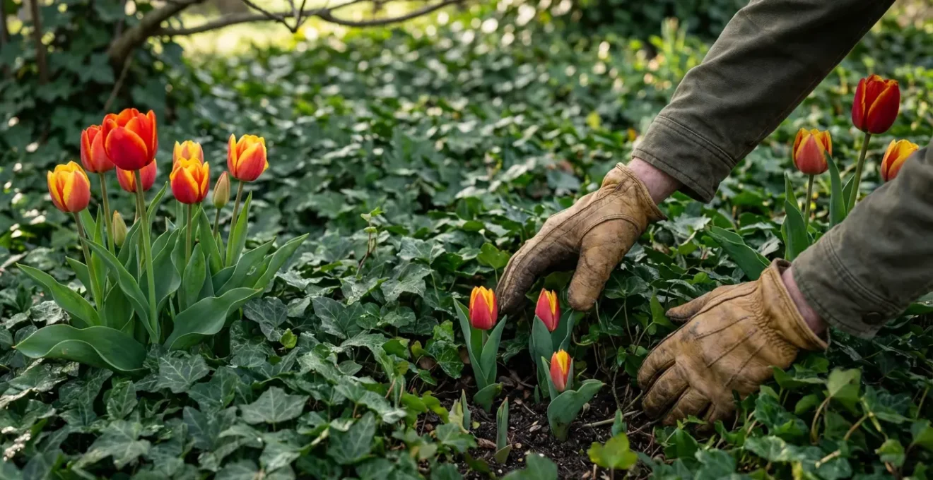 Tulipanes rojos y amarillos vibrantes emergiendo a través de un denso tapiz de hiedra verde en primavera.