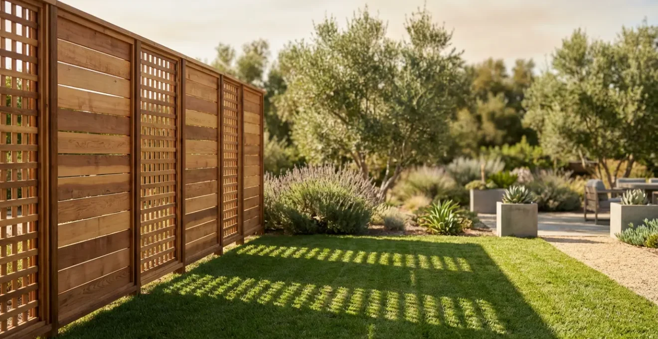 Vista lateral de un jardín moderno con valla de ocultación combinando elementos permeables