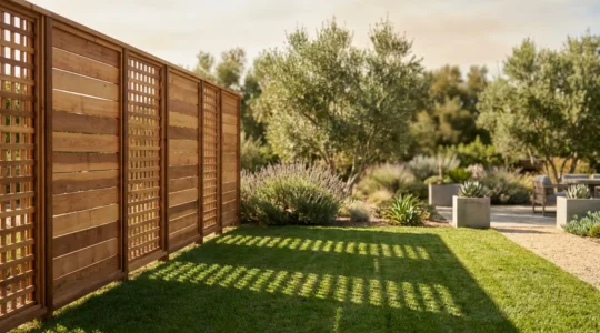 Vista lateral de un jardín moderno con valla de ocultación combinando elementos permeables