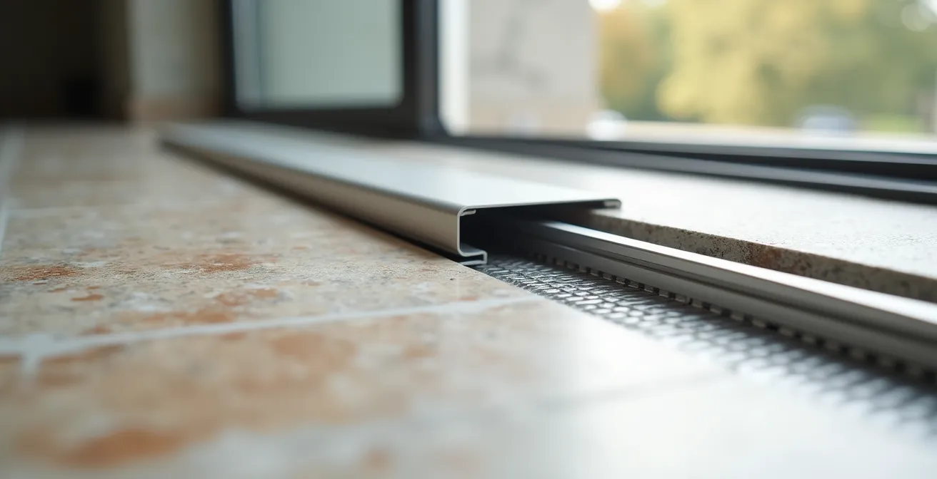 Detalle técnico de ventanal empotrable en suelo mostrando el sistema de drenaje lineal integrado bajo el rail
