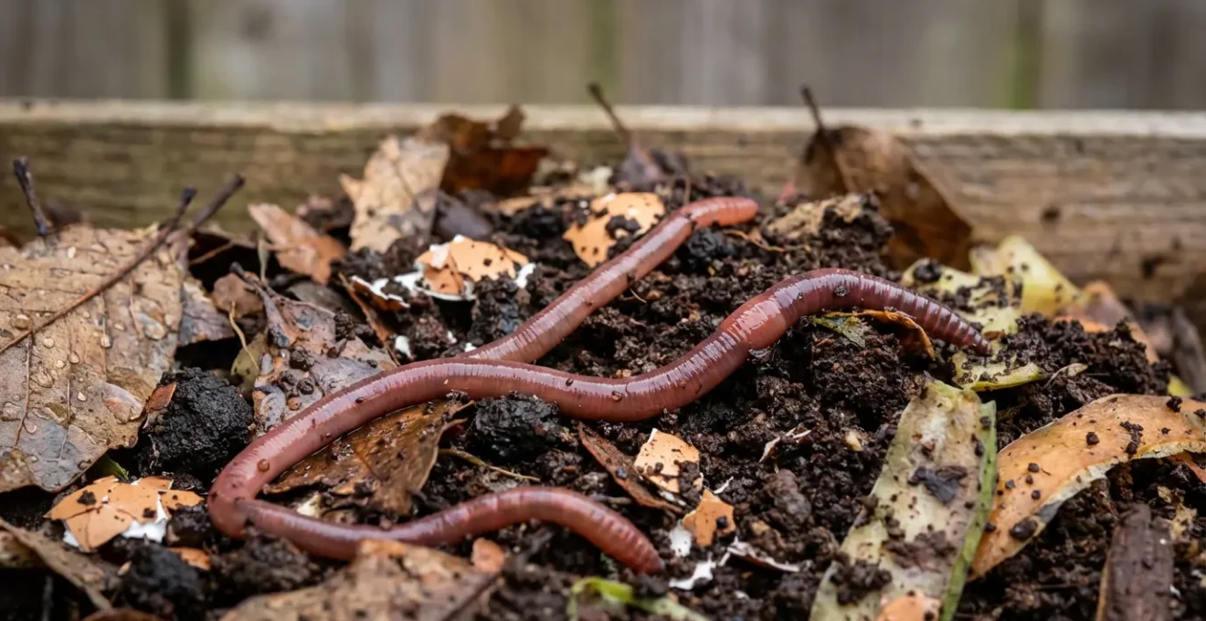 Sistema de vermicompostaje con lombrices rojas californianas procesando residuos orgánicos