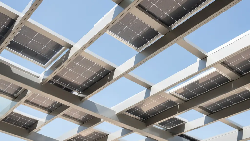Detalle de paneles fotovoltaicos integrados en estructura de pérgola de aluminio