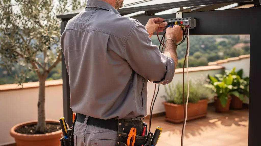 Técnico instalador revisando conexiones de pérgola solar en terraza residencial